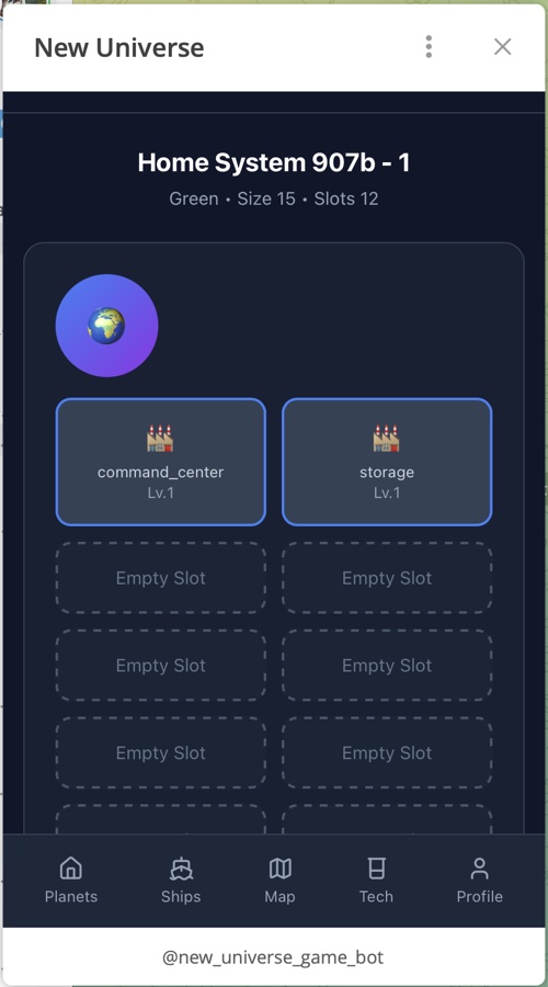 New Universe home system screen