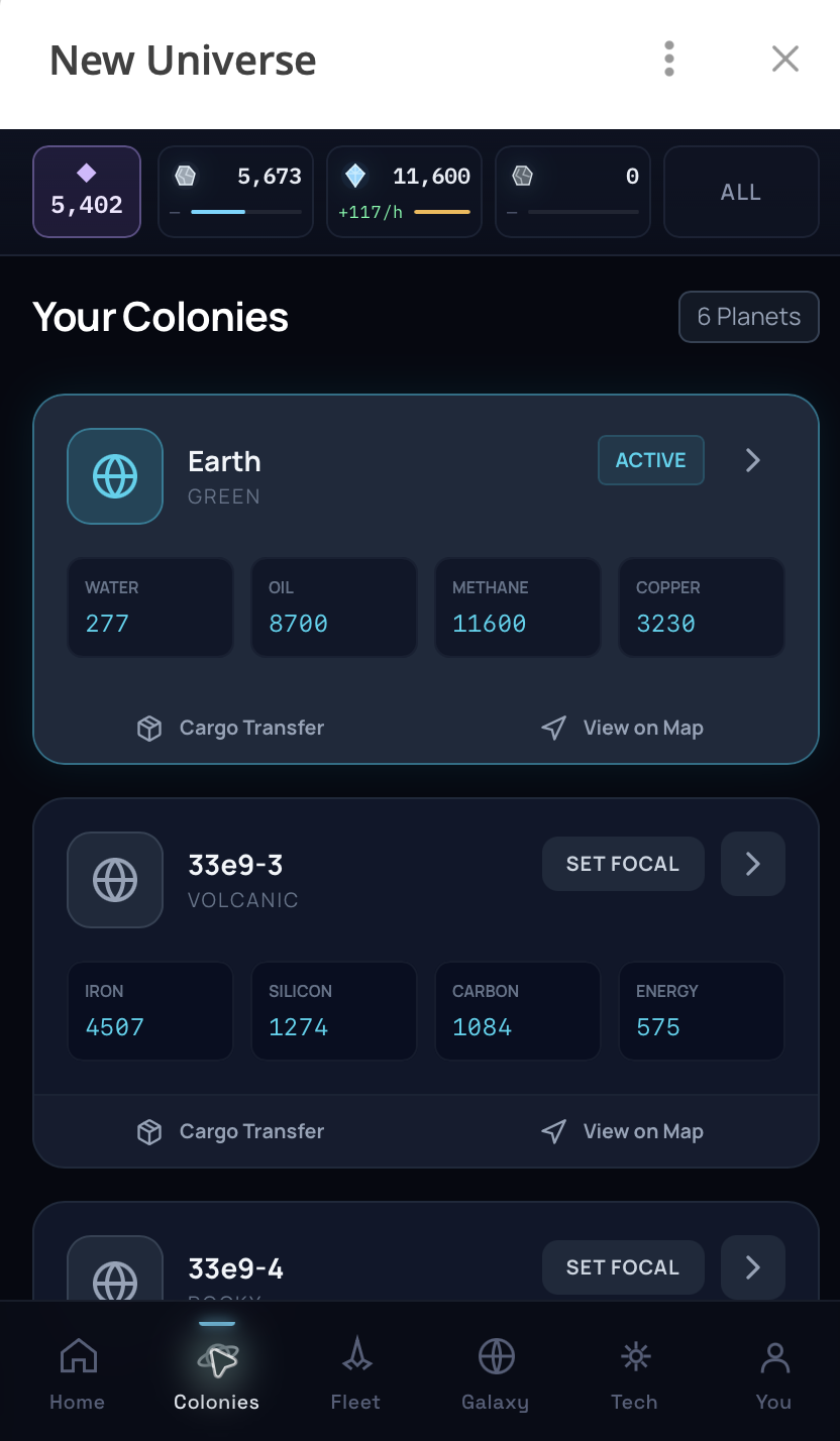 New Universe colonies overview
