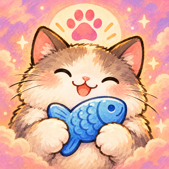 Purrrfolio cat mascot holding a blue fish