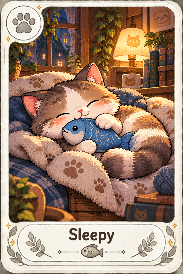 Sleepy collectible cat card from Purrrfolio